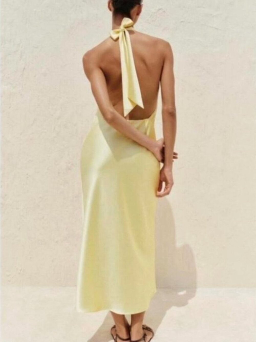 Zara Satin Backless Halter Dress in Pale Yellow - Picture 2 of 6
